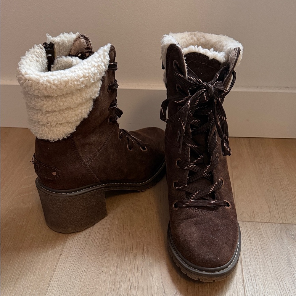 Roxy Brown Suede Lace-Up Shearling Cuff Ankle Boots